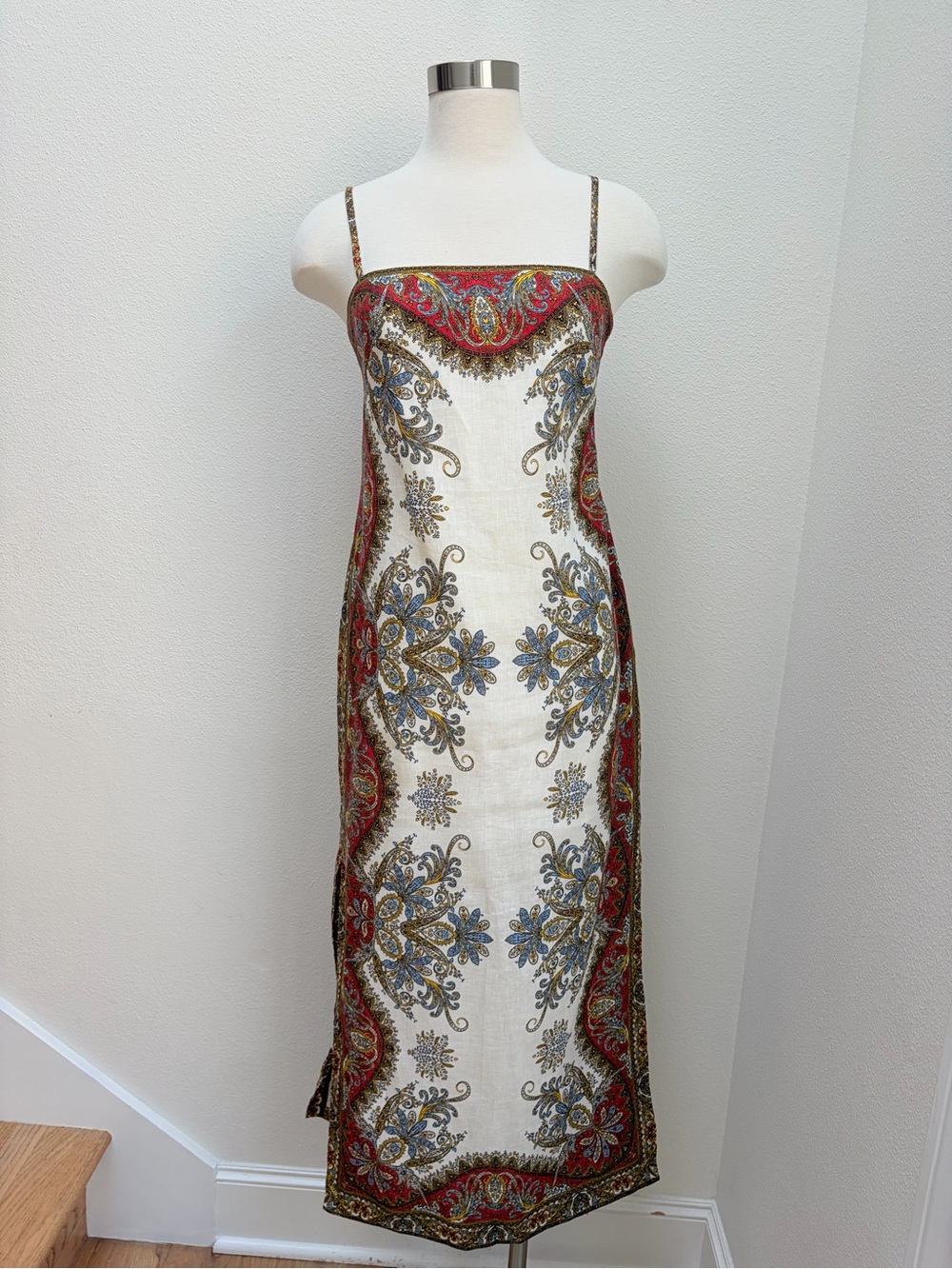 Veronica Beard Maxi Dress Petra Paisley Square Neck Slit Linen Red Blue Size Xs - Picture 2 of 12